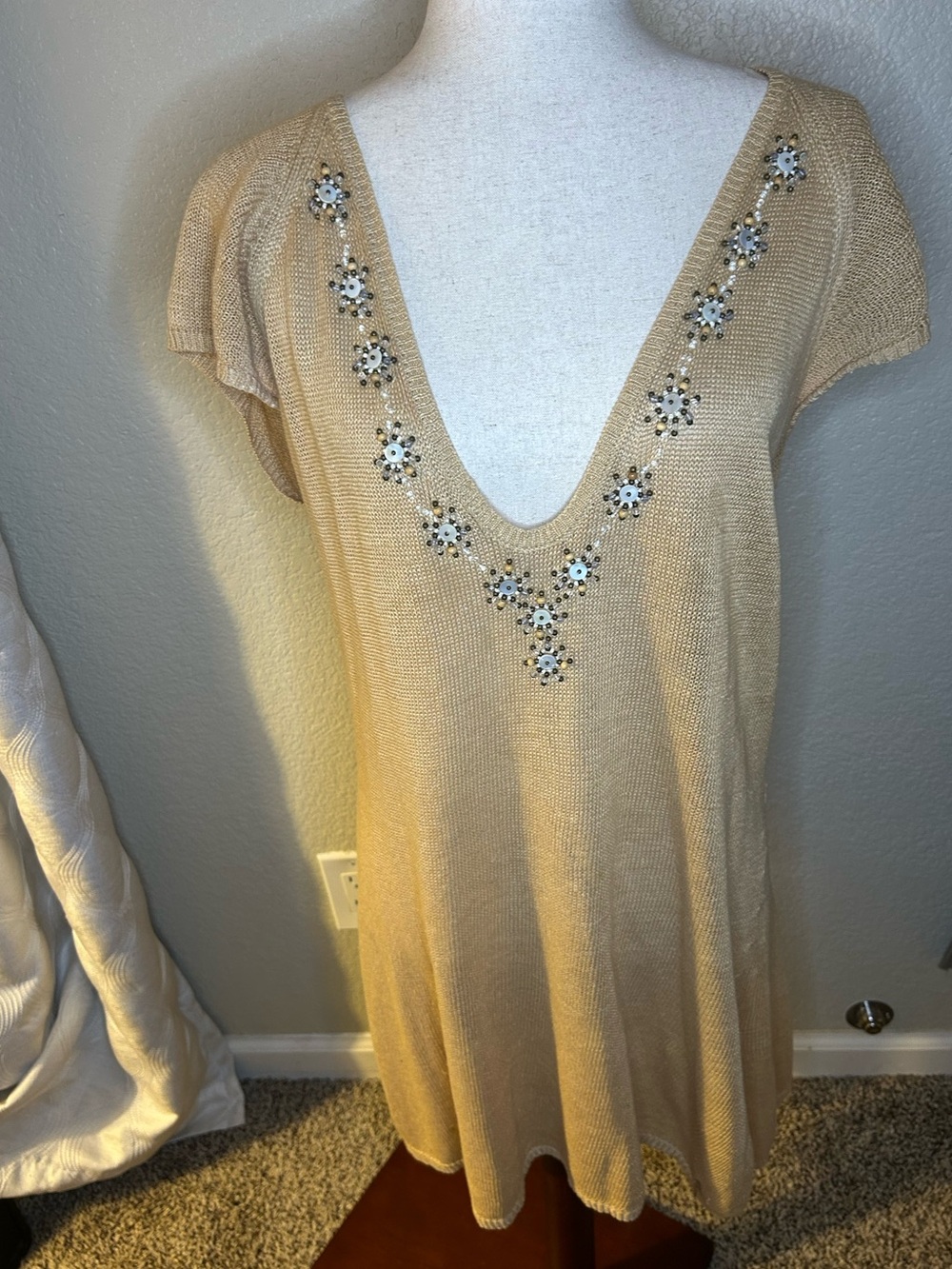 Tommy Hilfiger Beige Knit V-Neck Beaded Tunic